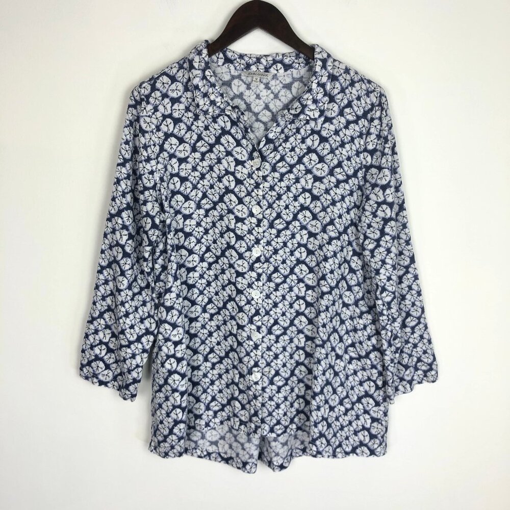 John Mark Wire Collar Linen Button Front Artsy Print Blouse Top Size M Pockets